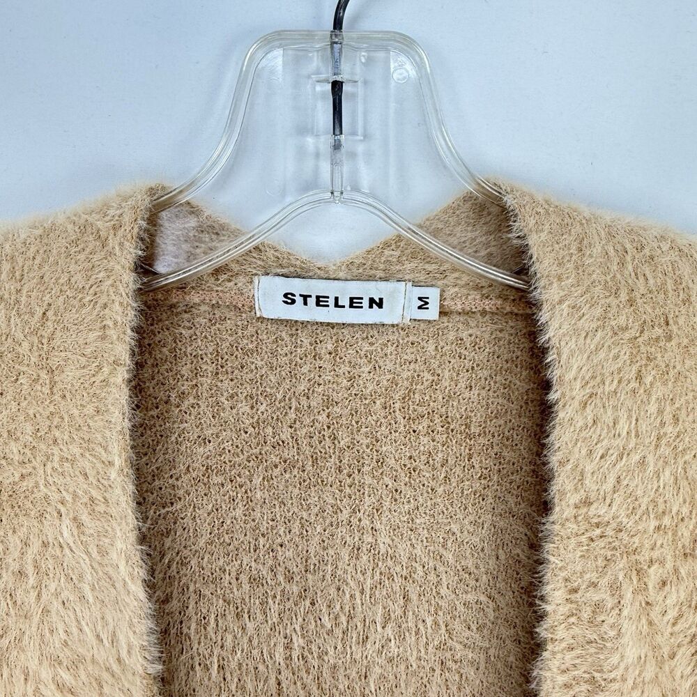 STELEN Fuzzy Knit Long Cardigan Sweater Camel Tan Open Front Slouchy Womens Sz M - Picture 11 of 16
